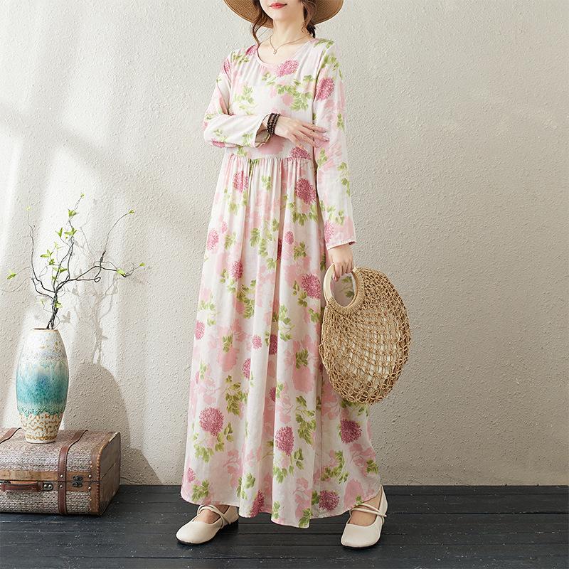 Autumn Literary Plus Size Loose Print Round Neck Long Sleeved Dress for Women Dresses