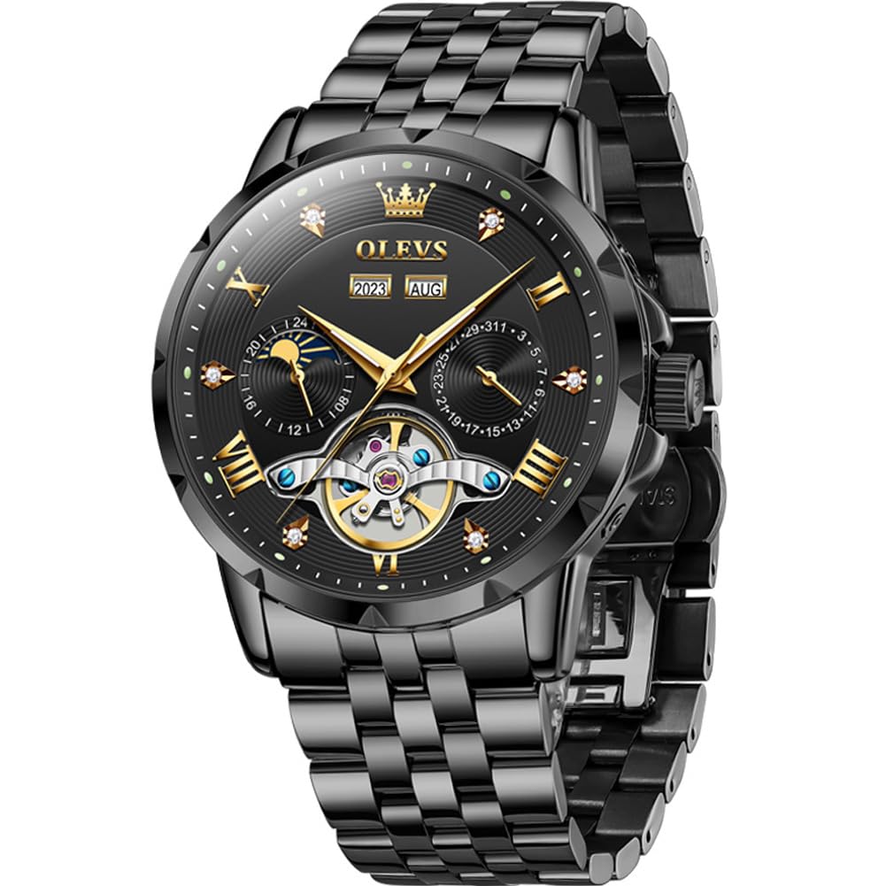 OLEVS Men's Mechanical Automatic Watch with Moon Phase Display, Stylish Skeleton Design, Waterproof, Popular, Luminous Watch, Black