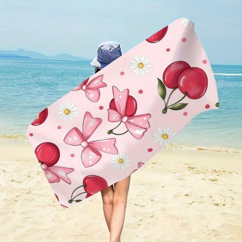 

Berry Joy Soft Quick-Dry Beach Towel Lightweight Sand-Rid Easy Clean Towel with Cherry Floral pattern Red Cherries White Daisies W40*H60(CM)