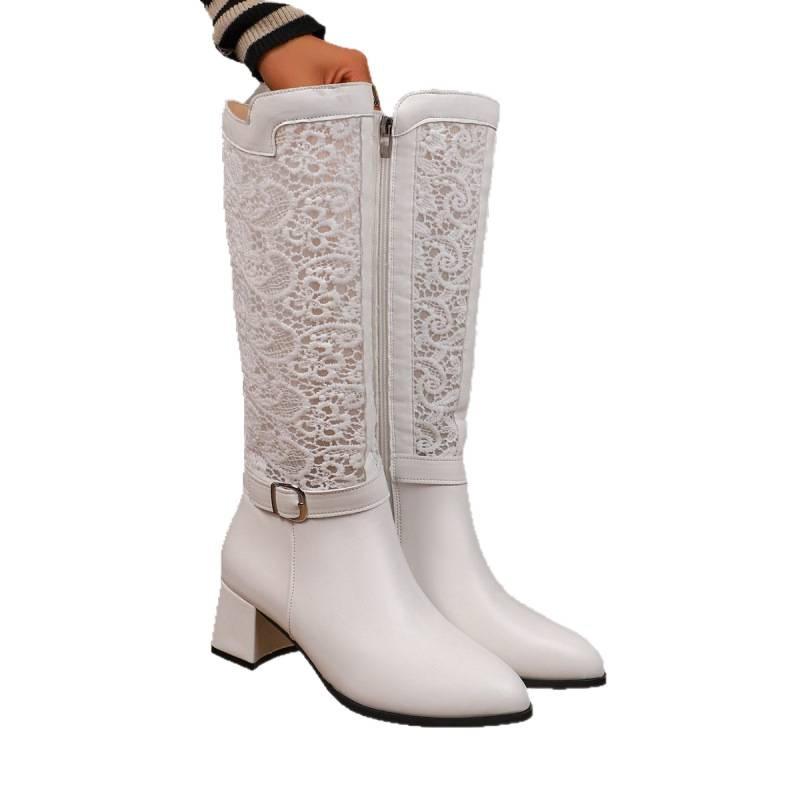 Autumn and winter ebay high-heeled lace mesh large-size round-head breathable high boots