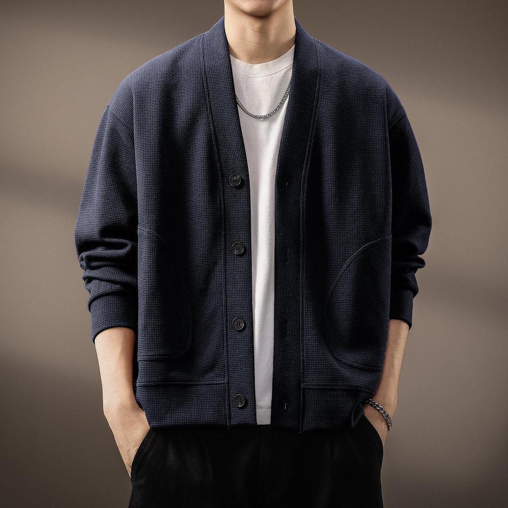 2025 Men's Japanese Retro Waffle Knit Hoodie - Winter Casual Fashion Long Sleeve Jacket