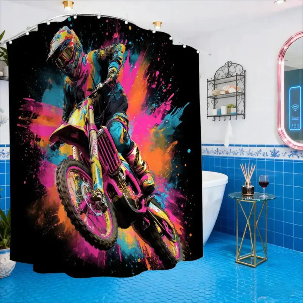 

A Bathroom Shower Curtain Featuring Motorcycle Stunts And a Colorful Design, Includes 12 Hooks, Measuring 180*180Cm for Home D 90x180cm