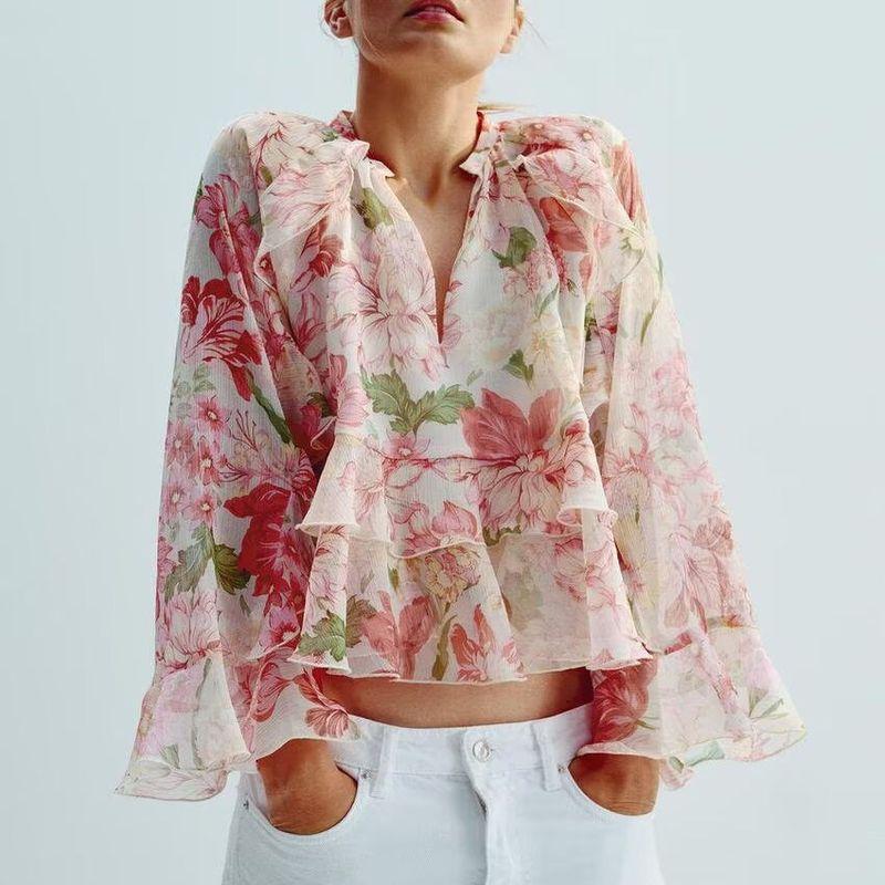 Zbzr Spring New Women clothes Western Style Design Sense Fashion Laminated Decoration Print Shirts 3130359 330