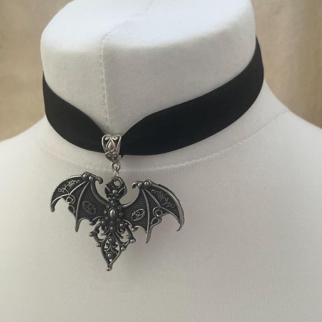 Gothic Silver Bat Pendant Necklace With Cross Chain For Vampire Role Play