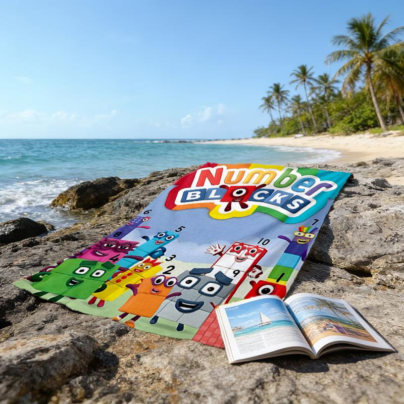 1pc 3D-Number-Blocks-Cartoon Beach Towel, Sports Cape, Beach and Seaside Swimming Pool Equipment, Fashion Pattern, Rectangular, Travel Essentials