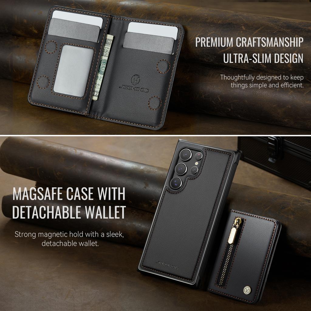 For Samsung Galaxy S22 Ultra 5G Case JEEHOOD J12 Magnetic Detachable Zipper Wallet Kickstand Leather Back Cover Magnetic Case