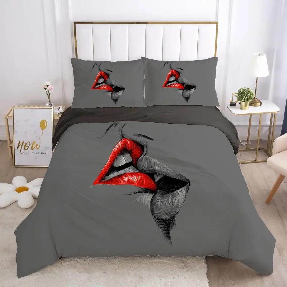 Amor Labial Rojo Tema Sexy Marcas de Beso Cómodo Edredón Funda de Edredón Funda de Almohada Juego de Ropa de Cama Decoración Habitación Infantil Textil para el Hogar
