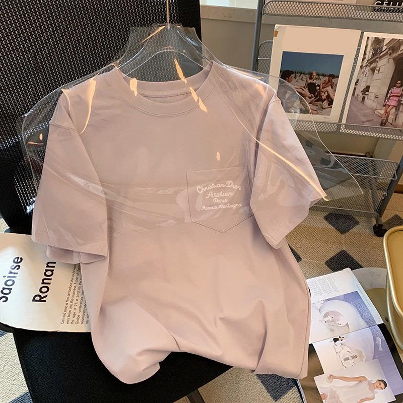 Women's Oversized Purple Embroidered Letter T-Shirt - Pure Cotton, Short-Sleeved, Summer Fashion.