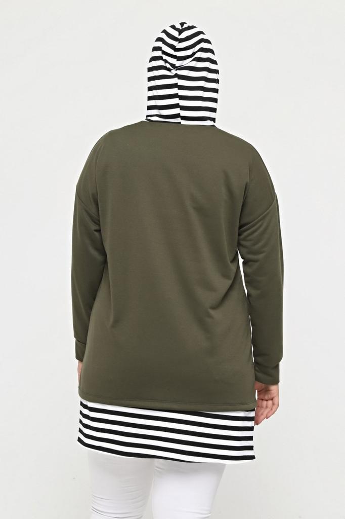 Stil Femei Mărime Mare Hanorac Mărime Mare 100% Bumbac Primăvară Primăvară Fantă Laterală Model Confortabil Hanorac cu Glugă Detaliat cu Dungi