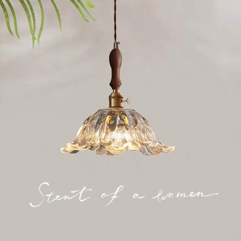 

French Walnut Glass Pendant Lamp - Japanese Retro Style for Home, Restaurant, or Bar Counter Single Head, Small - Brass - Warm Light