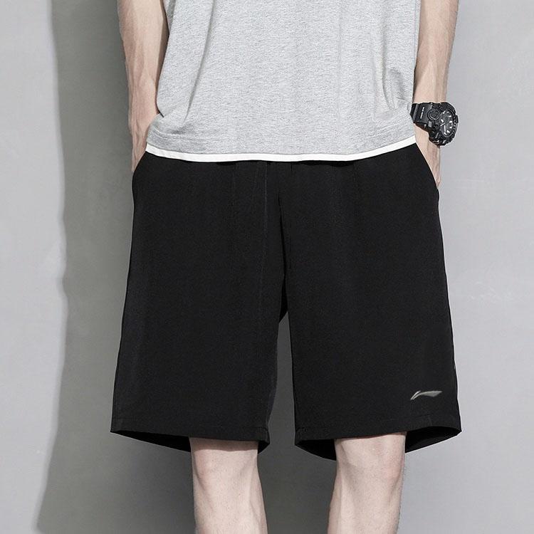 Li-Ning Embroidered Logo Knit Solid Loose-Fit Five-Point Sports Shorts Men shorts Black AKST453-1