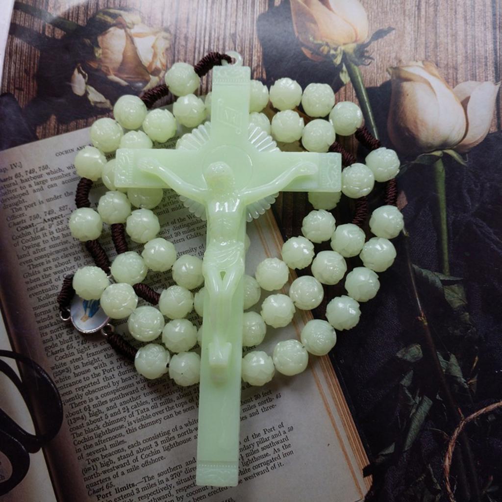 Rosary Beads Necklace with Jesus Crucifix,Catholic Prayer Gifts Luminous Cross Pendant Necklace Simple Jewelry Gifts