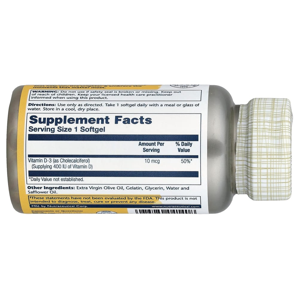 Solaray Vitamin D3 10mcg Softgels, 120 Count