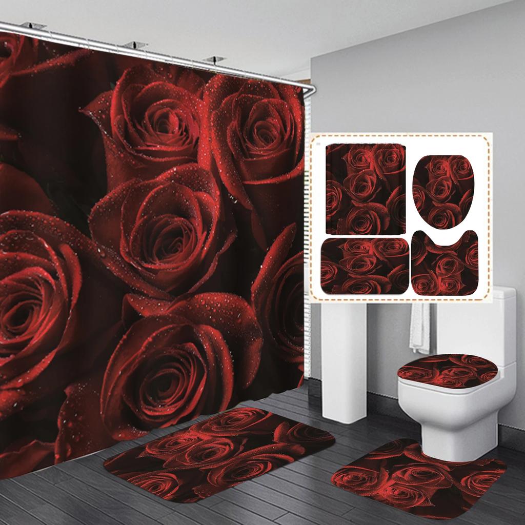 Rose Flower Waterproof Polyester Shower Curtain Set Nature Flowers Bathroom Curtains Set Non-Slip Bath Rug Toilet Cover Mat
