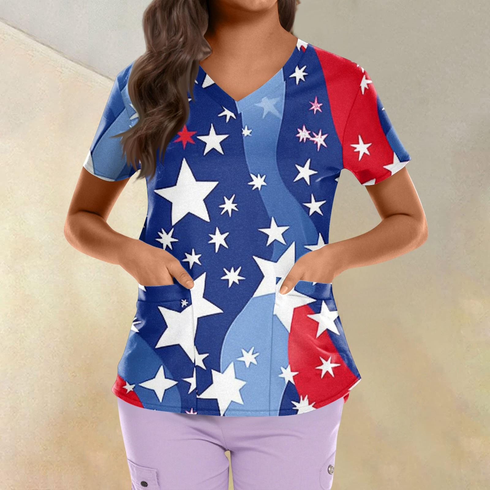 

Plus Size Printed Scrub Working Uniform Tops For Women s Cross V Neck Independence Day Print Short Sleeve Fun T-Shirts Workwear Tee With Pockets XXXL