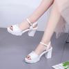 Summer New Rhinestone High Heel One-word Buckle High Thick Heel Women's Sandals Beaded Fish Mouth Fashion Shoes