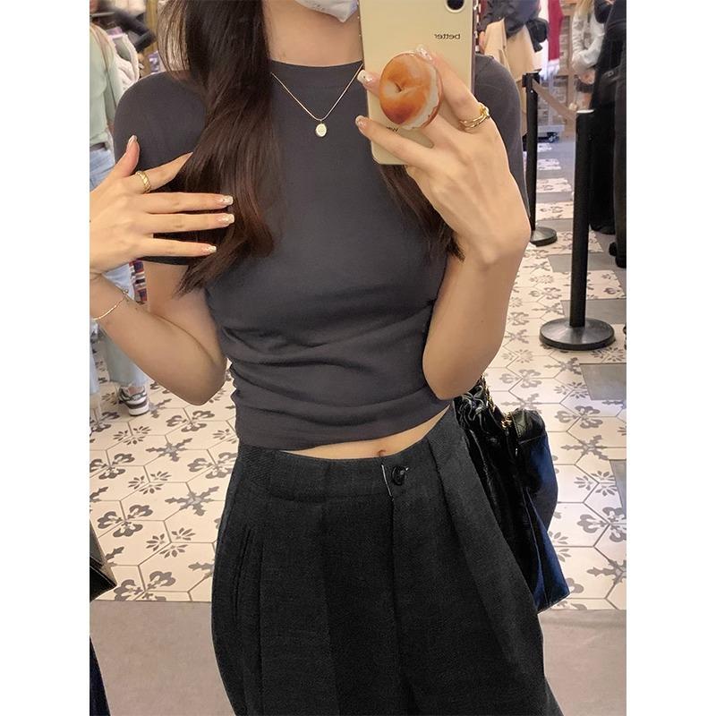 Right shoulder, round neck, short-sleeved T-shirt for women, spring and summer, petite temperament, versatile, slimming, slimming bottoming outer top