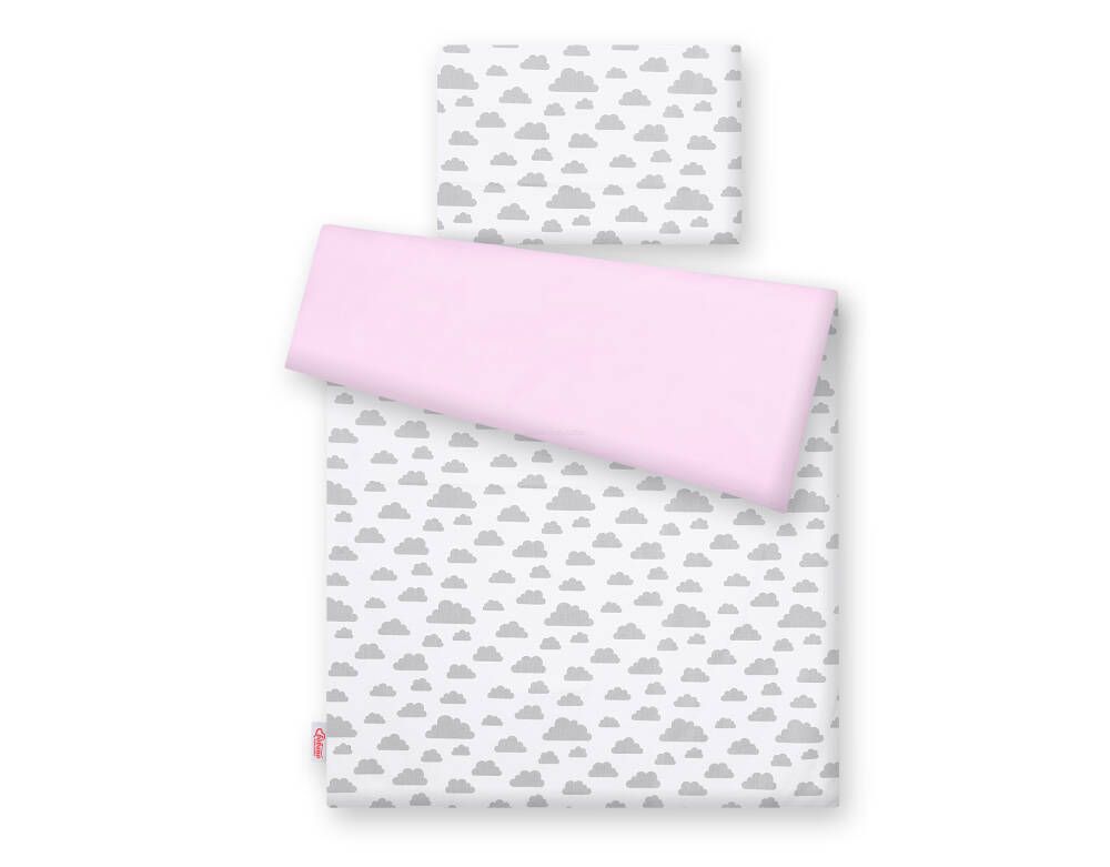Double-sided 2-piece cotton children's bedding set - gray/pink clouds