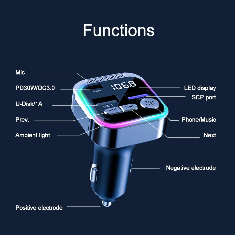 Kebidumei Bluetooth FM Transmitter for Car Radio Wireless Hands Free Audio Receiver MP3 Player Support Fast Charging 30W PD