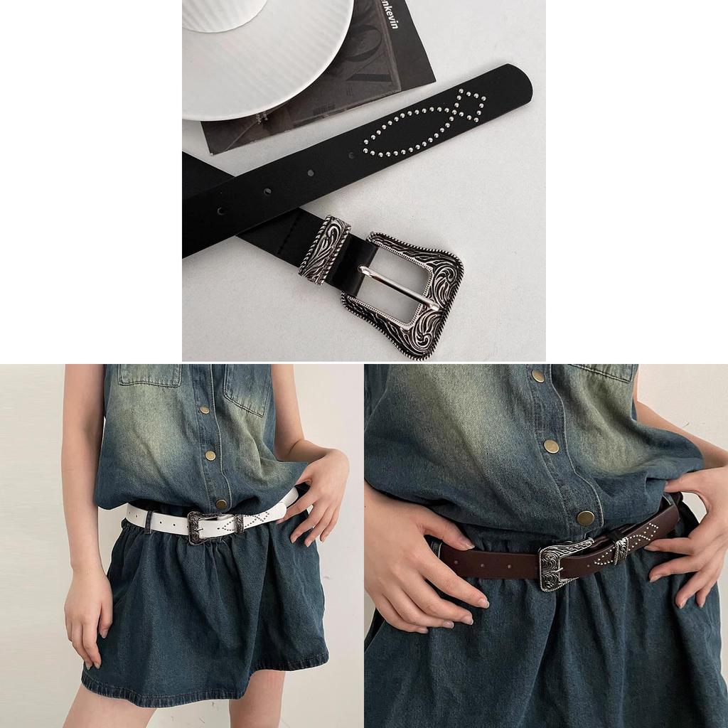 Retro American Style Pu Leather Belt For Women With Square Metal Buckle For Punk Fashion