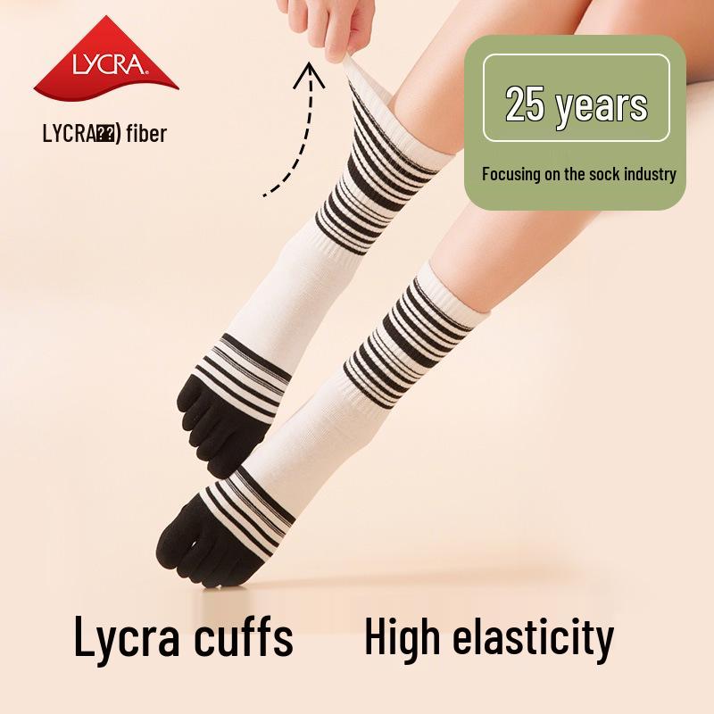 Women's Pure Cotton Non-Slip Five-Toe Mid-Calf Socks: Breathable, Odor-Resistant, Striped, for Spring/Summer