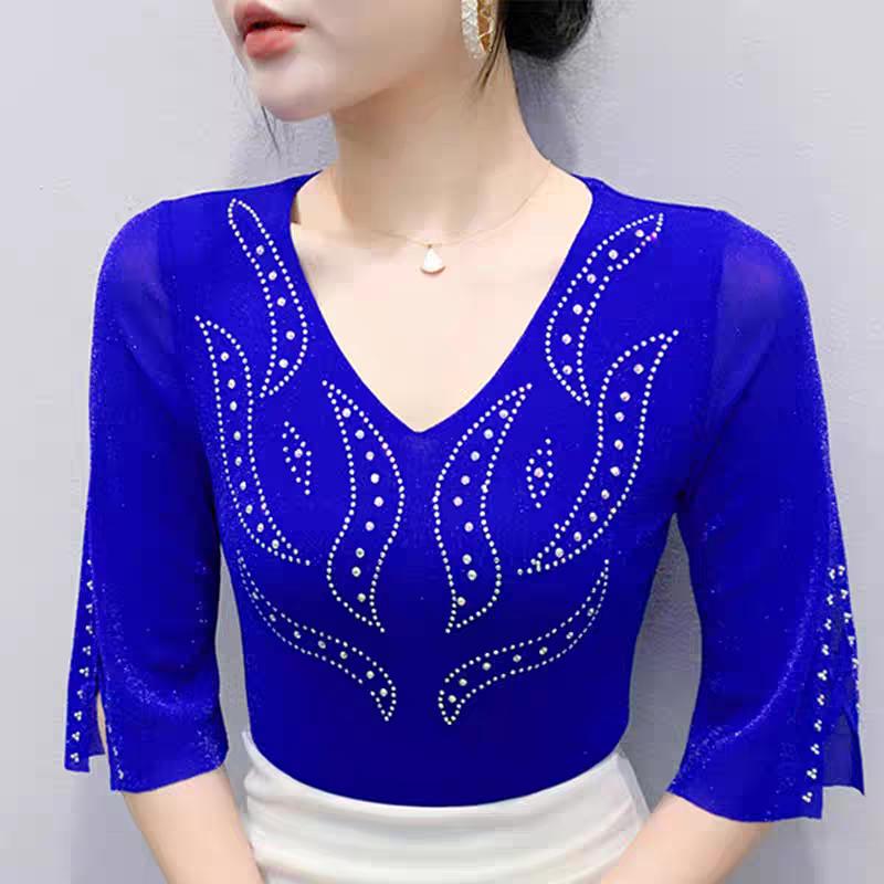 

Новая женская одежда Футболка Сексуальный V-образный вырез Горячие бриллианты Топы Рубашки Летняя Девушка Приталенная Сетка Рукав три четверти Футболки Блузка M синий