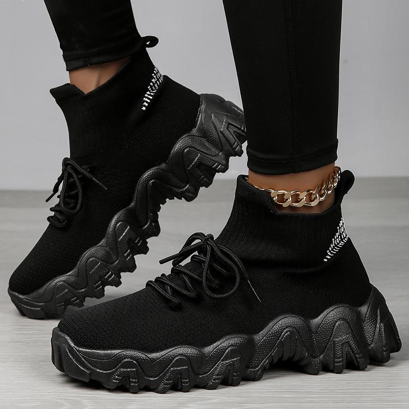 Calcetines altos para mujer, calzado deportivo, mangas de punto de color liso, calzado deportivo transpirable para caminar al aire libre