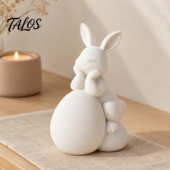 Compact Modern Home Ornament Handmade PLA Sculpture, Rabbit with Easter Egg Figurine, Minimalist Small White Resin Statue for Living Room Shelf