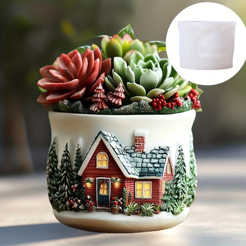 Warm House Relief Resin Gypsum Flower Pot Mold Green Wood Surround House Relief Cement Concrete Flower Pot MoldS Christmas gift