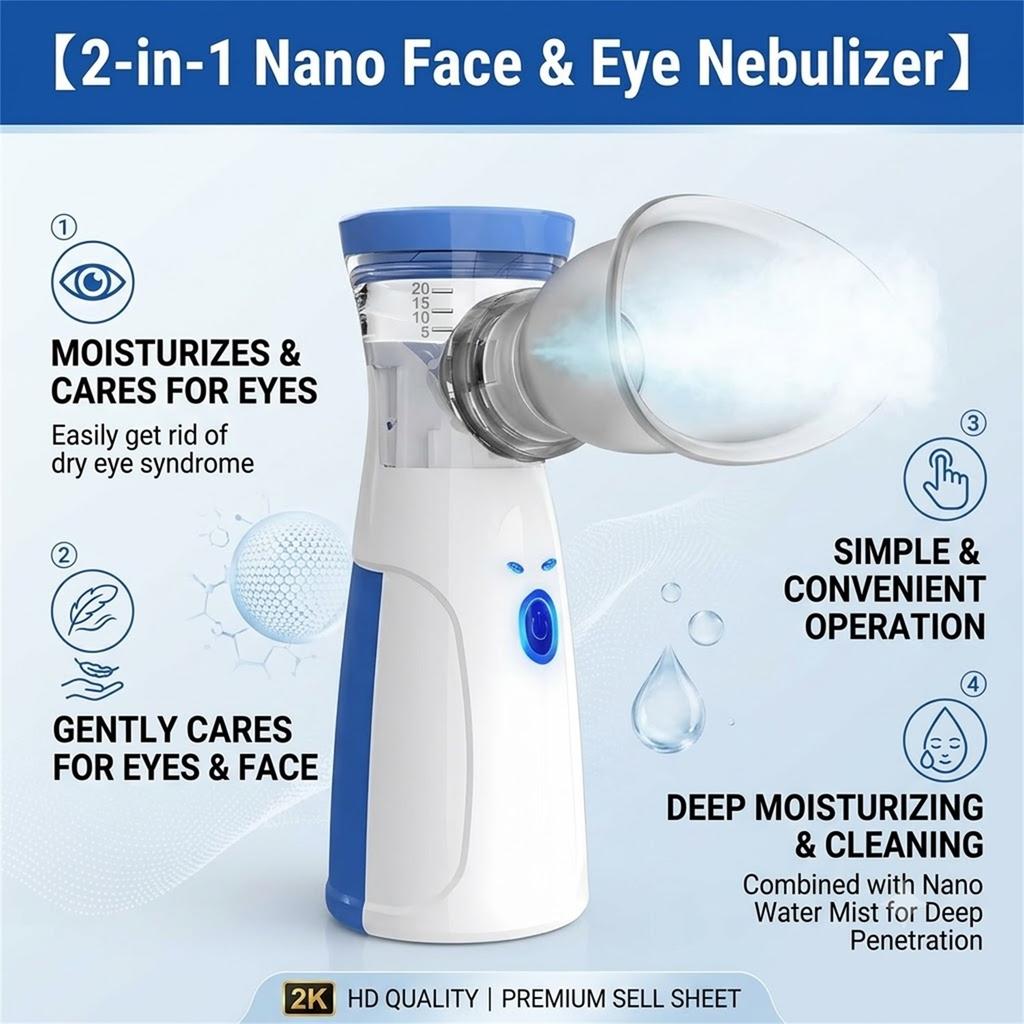 Handheld Facial Nano Mister Portable Hydrating Humidifier,Multifunctional Eye & Face Manual Steamer,Skin Moisturizing Care Devic