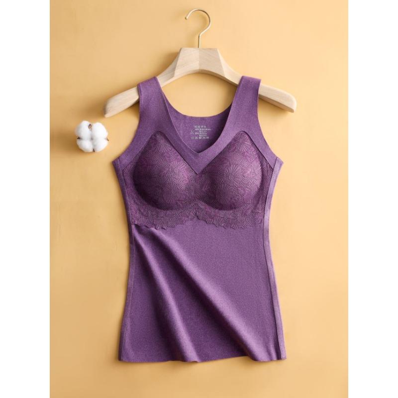 Women Thick Self Heating Thermal Vest With Built In Bra Pad Warm Lace Underwear