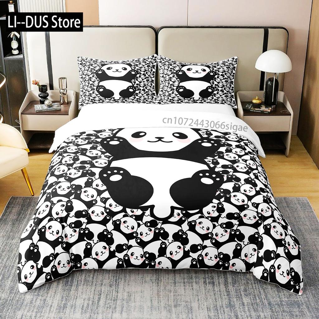 Kids Black Printed Cartoon Panda Beddings Cute Animal Pattern Teens Bedlinings 1 Duvet Cover Sets and 2 Pillowcases Full Size
