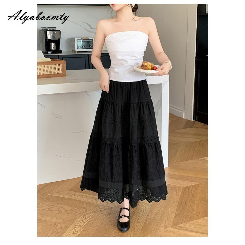 Fustă Midi Chic Coreeană de Primăvară Vară pentru Femei, Talie Elastică, Negru Alb, Broderie Florală, Fustă Ajurată, Elegantă, Feminină, de Petrecere, Fuste de Zână