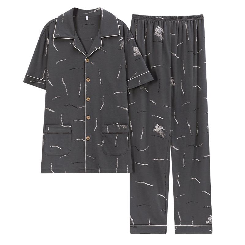 Men's Summer Cotton Pajama Set: Short Sleeve, Long Pants, Plus Size, Loose, Casual, Thin Cardigan Homewear.