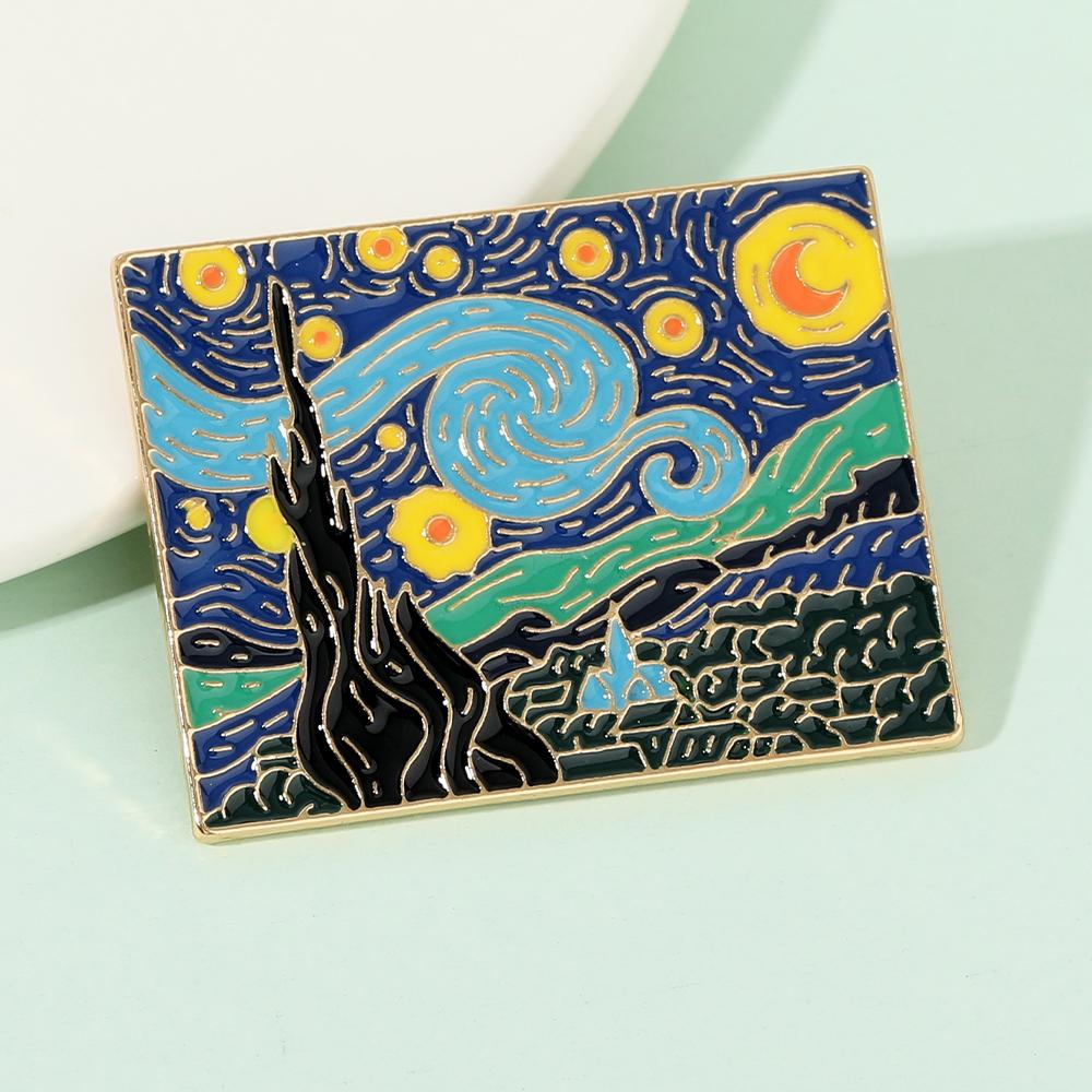 Funny The Starry Night Enamel Brooches Golden Square Badge Van Gogh Oil Painting Pins For Artist Item Gift