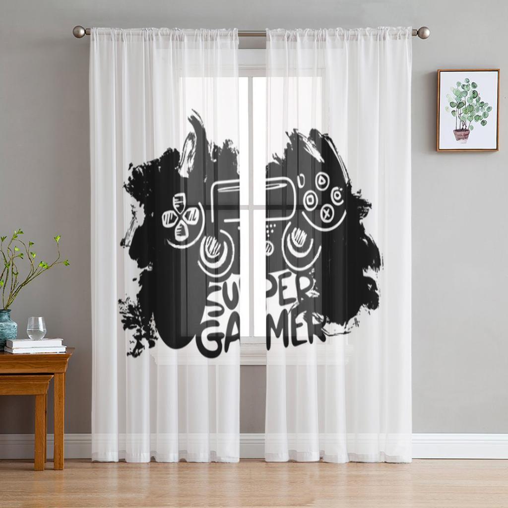 Super Gamer Black And White Sheer Curtains for Living Room Transparent Tulle Window Curtain Bedroom Kitchen Decor Veil Drapes