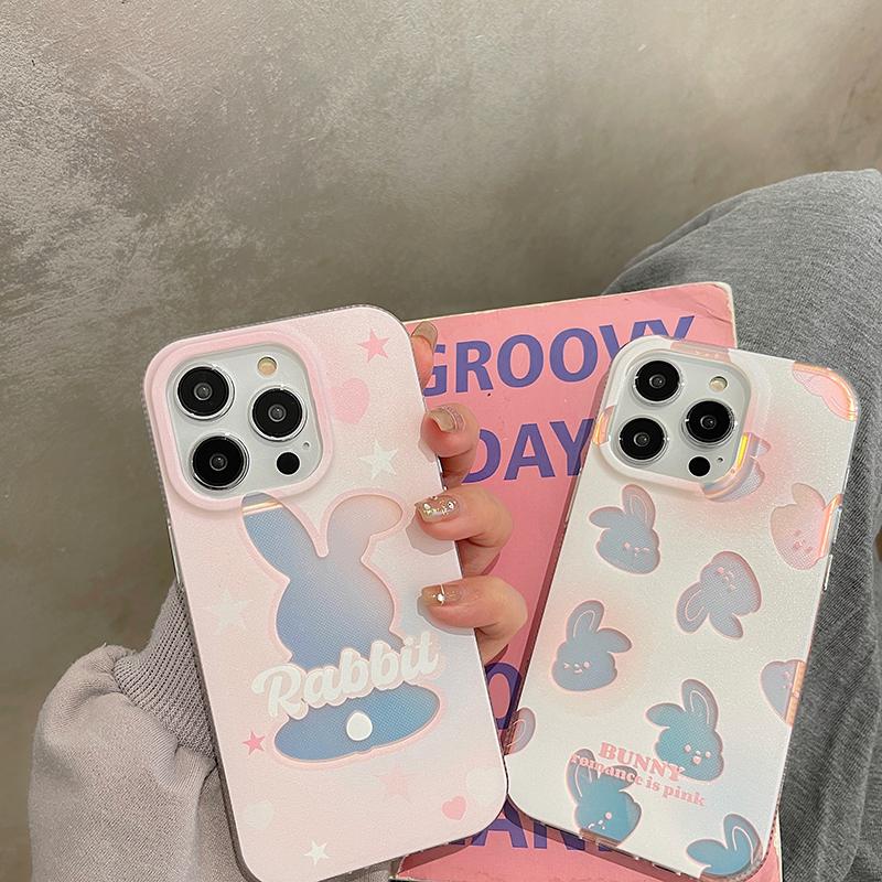 Schöne rosa Kaninchen-Hülle für iPhone 13 11 12 14 Pro Max 14 Plus süße Hasen-Laser-Telefonabdeckung Capa