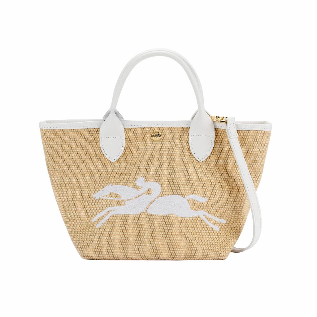 Longchamp Le Panier Pliage 21 Straw Embroidered Snap Closure Leather Canvas Shoulder Crossbody Tote Bag Small Women Handbags White 10144HZB007