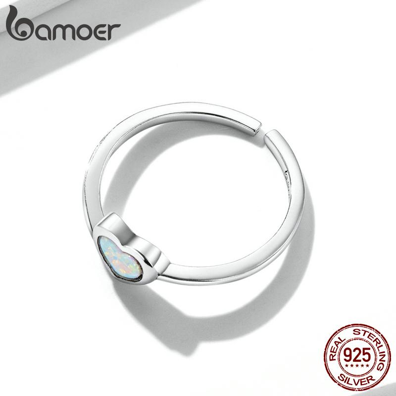 BAMOER 925 Sterling Silver Heart Shaped Love Women Girls Rings Open Size Finger Ring Wedding Fashion Jewelry Gift