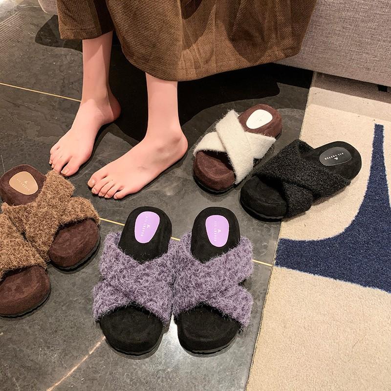 Foreign trade women's slippers autumn 2024 Korean version of fashion one-word cotton mop retro thick bottom heightening outer wear Mao Mao mop