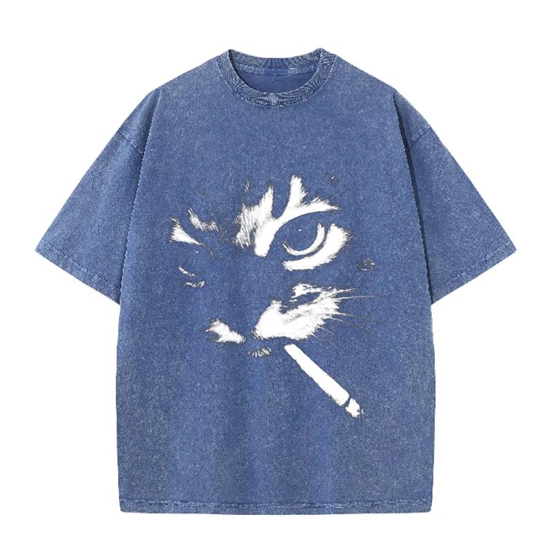 

Retro Smoking Cat Graphic T Shirt Unisex Oversized Washed Cotton Streetwear Top S