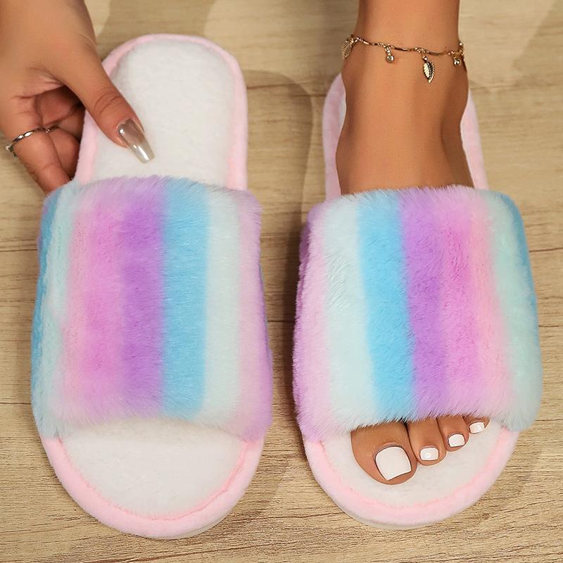 Fashion Mix Color Plush Home Slippers for Women 2025 Winter Open Toe Anti Slip Cotton Slippers Woman Indoor Flat Heel Plush Slides Lady