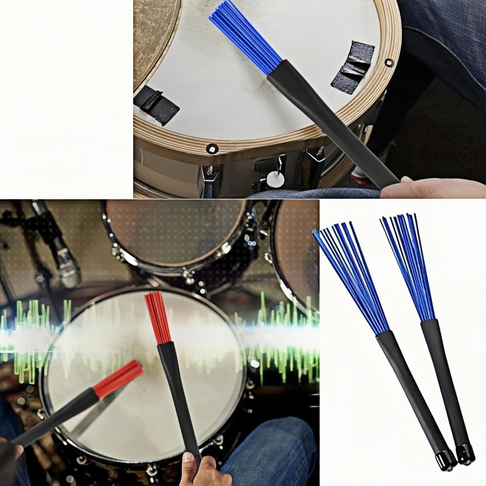 Drum Brushes 2 Pieces Percussion Brushes Nylon Drum Wire Brushes Retractable for Jazz Acoustic Rock Band Music Lovers Blue
