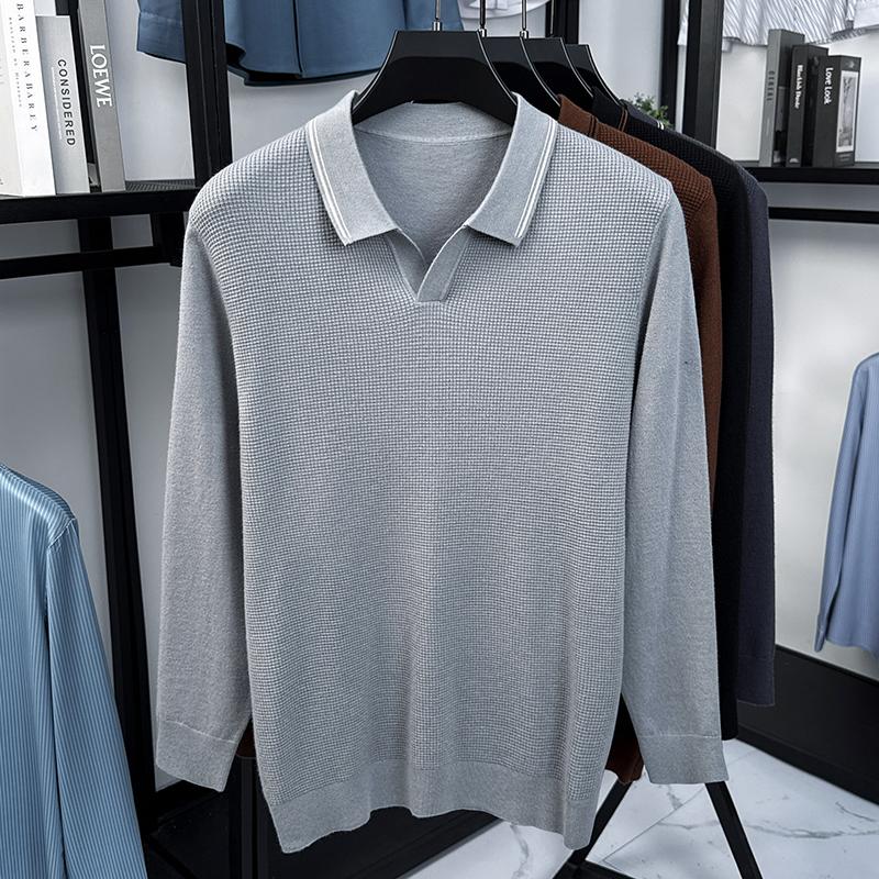 Men's Lapel Small V-Neck Long Sleeve Knitwear Autumn Winter Solid Color Waffle Sweater Casual Trend Menswear