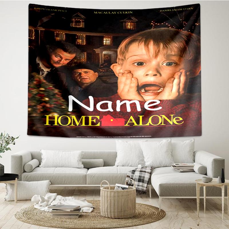 Custom Name Home Alone Print Tapestry, Backdrop, Easy Setup, Ideal for Bedroom, Office & Living Room, with Aesthetic Wall Hanging Decor.