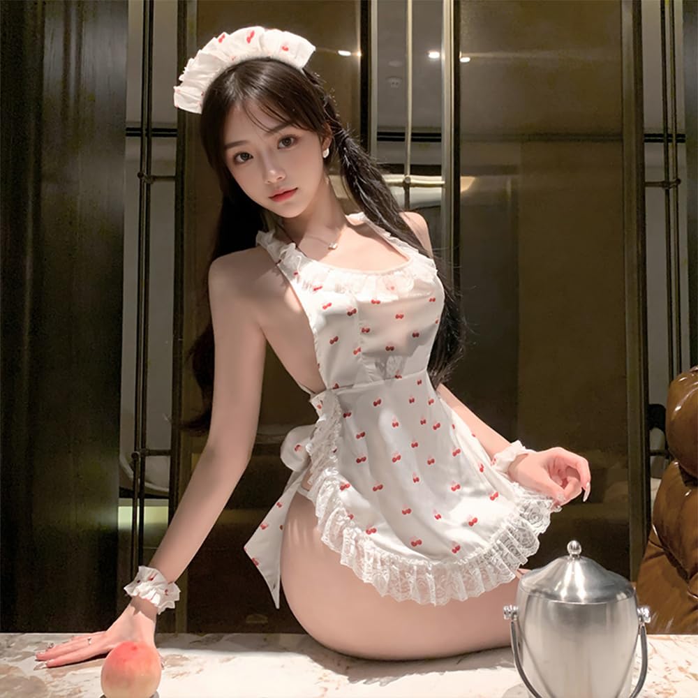 YAISHN Sexy Maid Costume, Cosplay Apron, Cute White, Backless, Halloween Costume, Bow Tie, Extreme Seductive, Cute, Exposed, 5-Piece Set, Stockings