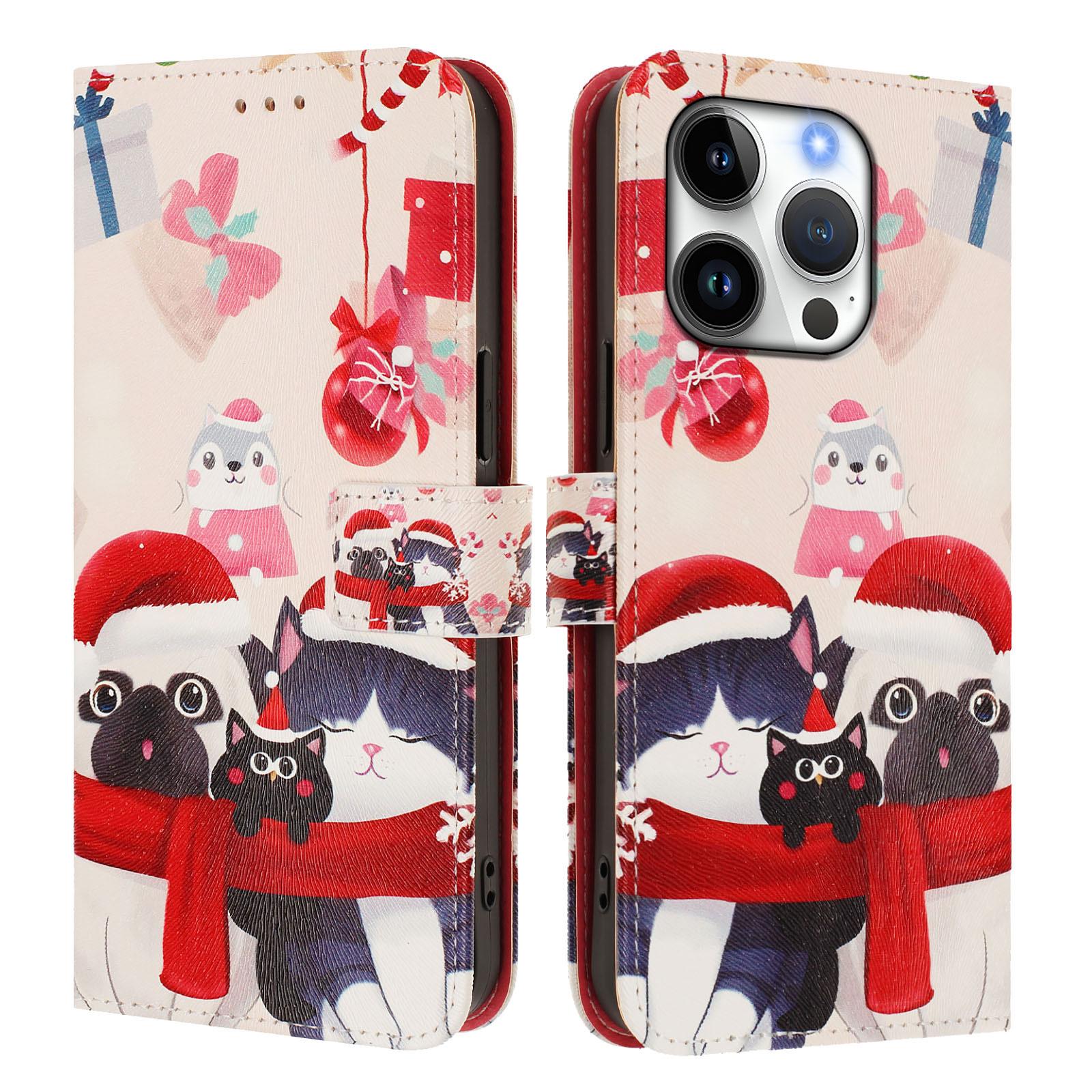 

For iPhone 16 Pro Wallet Case Christmas Pattern Printing Leather Phone Cover with Lanyard Christmas Animals