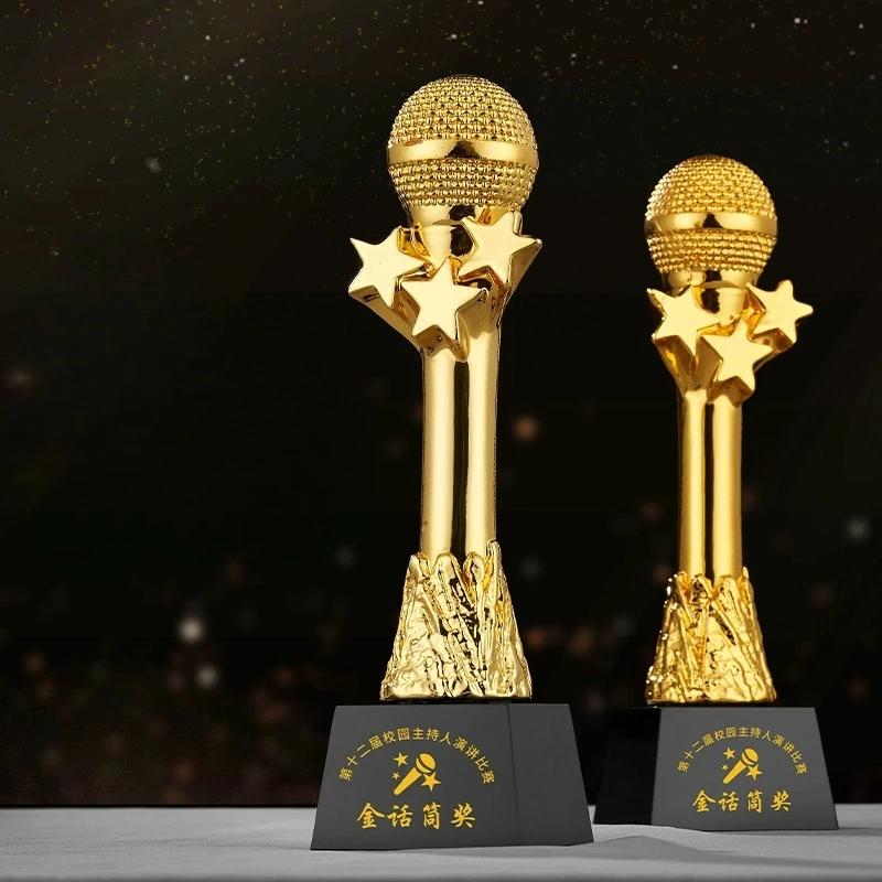 Customized Microphone Five-pointed Star Resin Trophy, Crystal Base Excellent Host Singing Talent Activity Competition Award, 1Pc