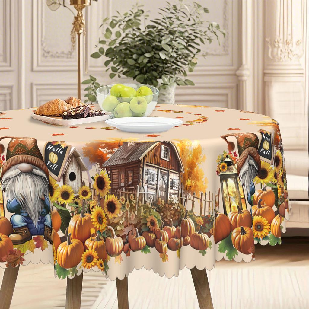 1 Happy Autumn Gnome Tablecloth With Pumpkin House Maple Leaf Pattern - Dustproof Polyester Textured Tablecloth