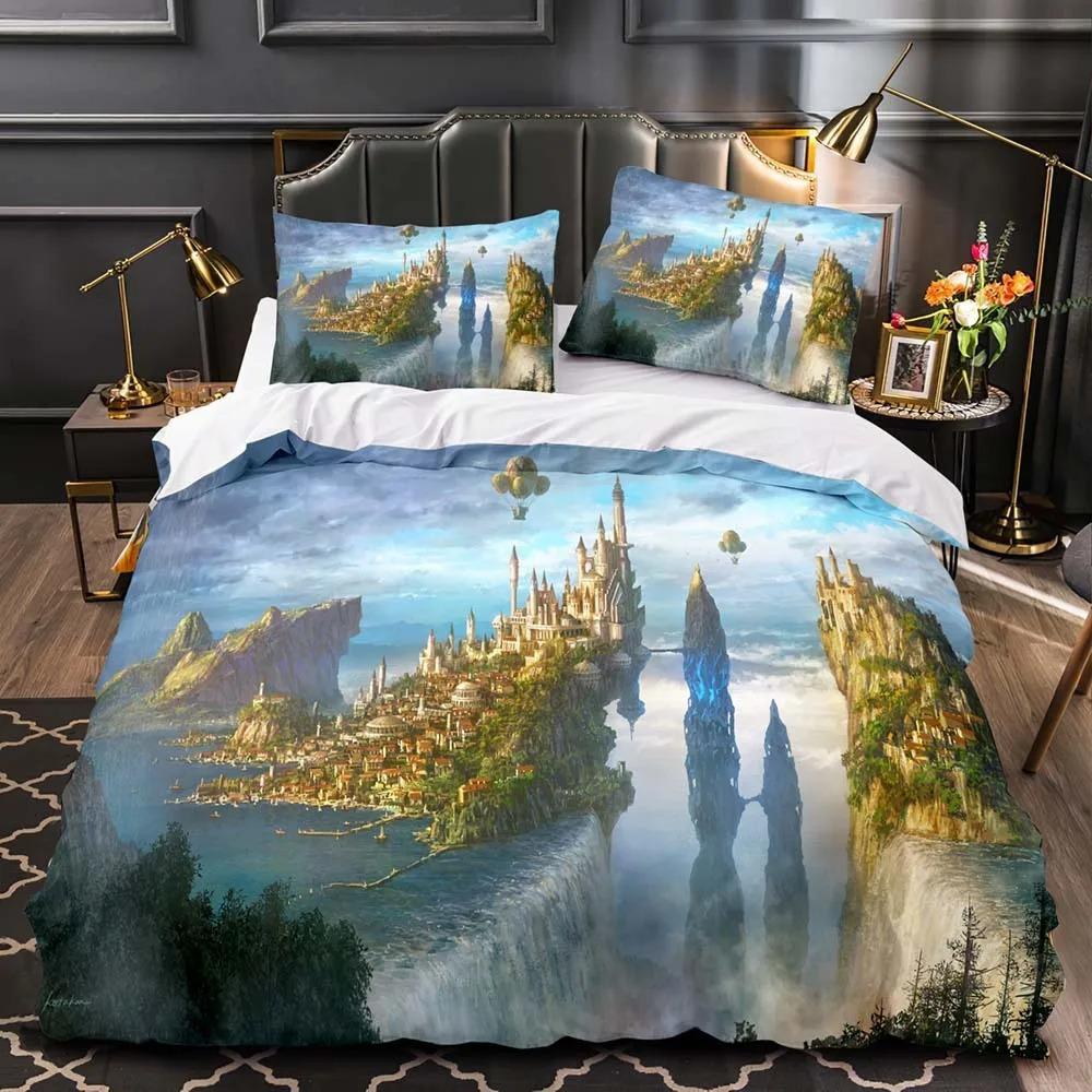 Bettwäscheset mit Feenmotiv, Fantasy-Schloss, Bettbezug-Set, King- und Queen-Size-Größe, magisches Königreich, Elfenbäume, Polyester-Bettbezug für Kinder